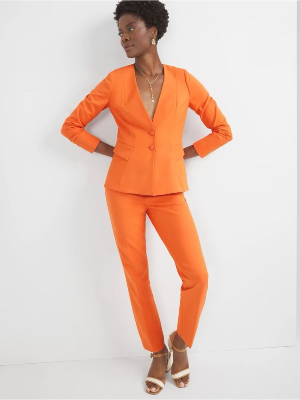 WHBM Orange Collarless Blazer Pantsuit 2/4